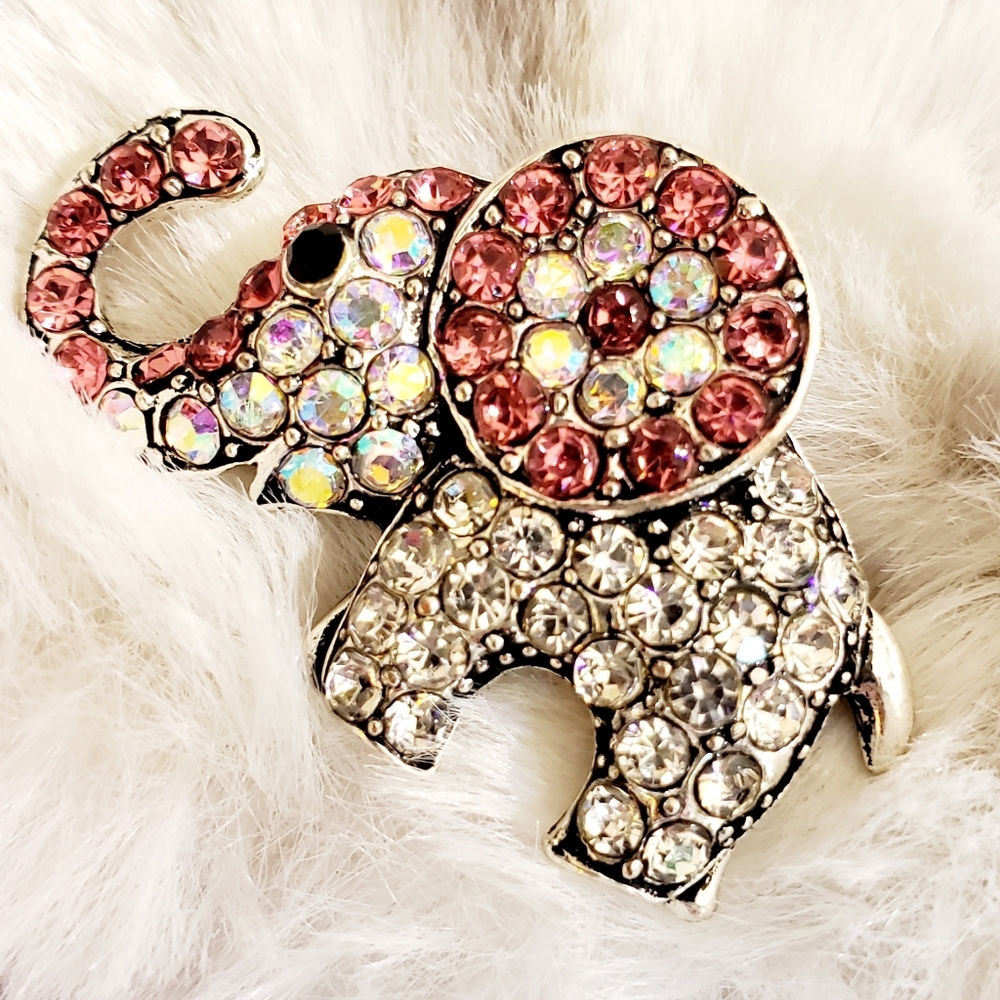 Silver Pink and white crystal elephant brooch - Picture 7 of 10